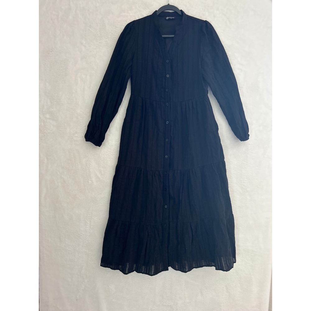 PrettyGarden Black Cotton Tiered Maxi Dress‎ Long Sleeve Button Down Small 4493